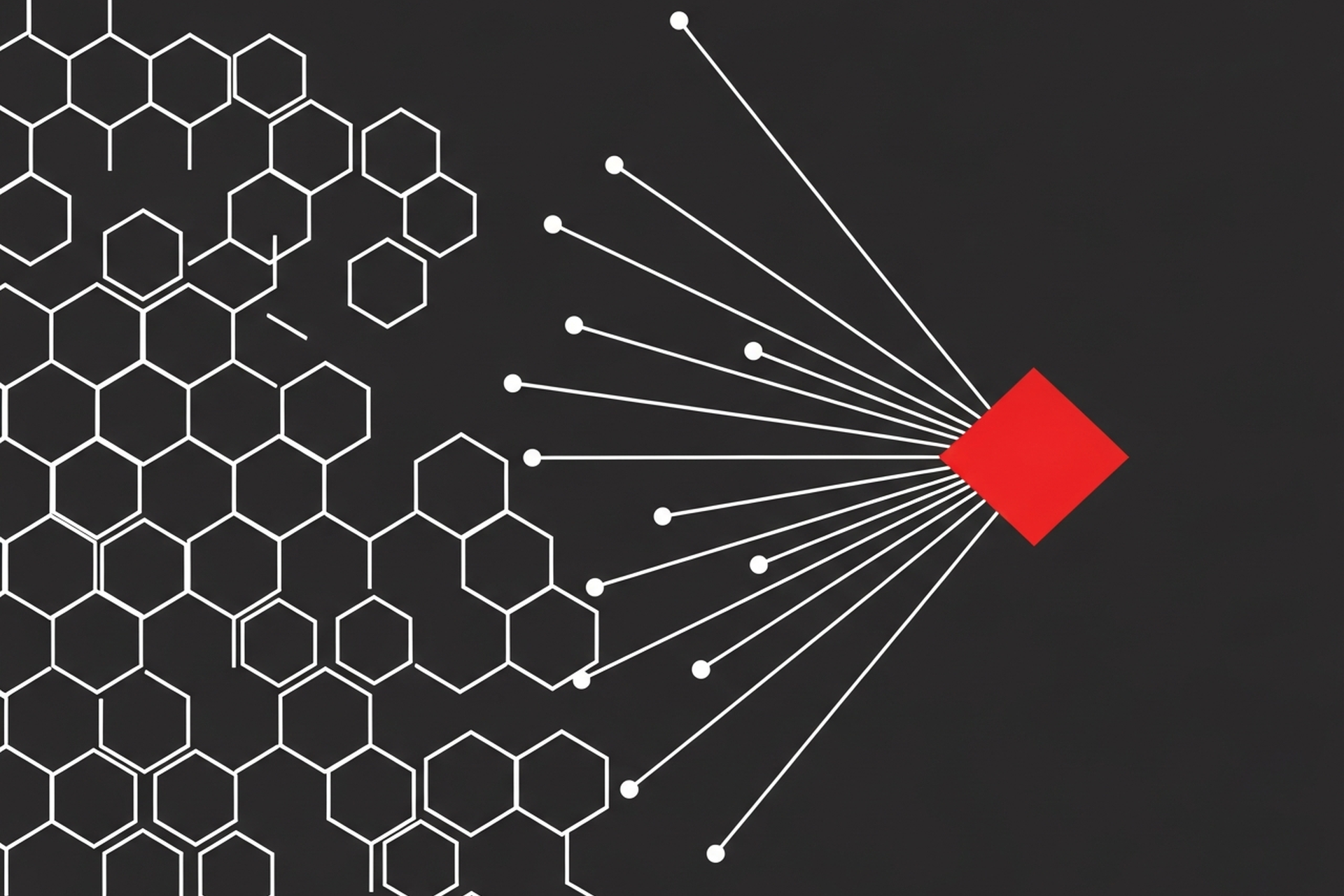 Flat geometric illustration on dark charcoal background with white hexagonal grid and bold red diamond shape representing AI technology in ecommerce