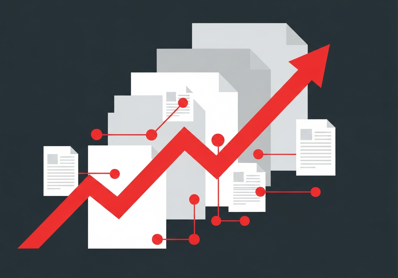 Flat design illustration of document icons and upward trend lines on a dark charcoal background with red geometric accents