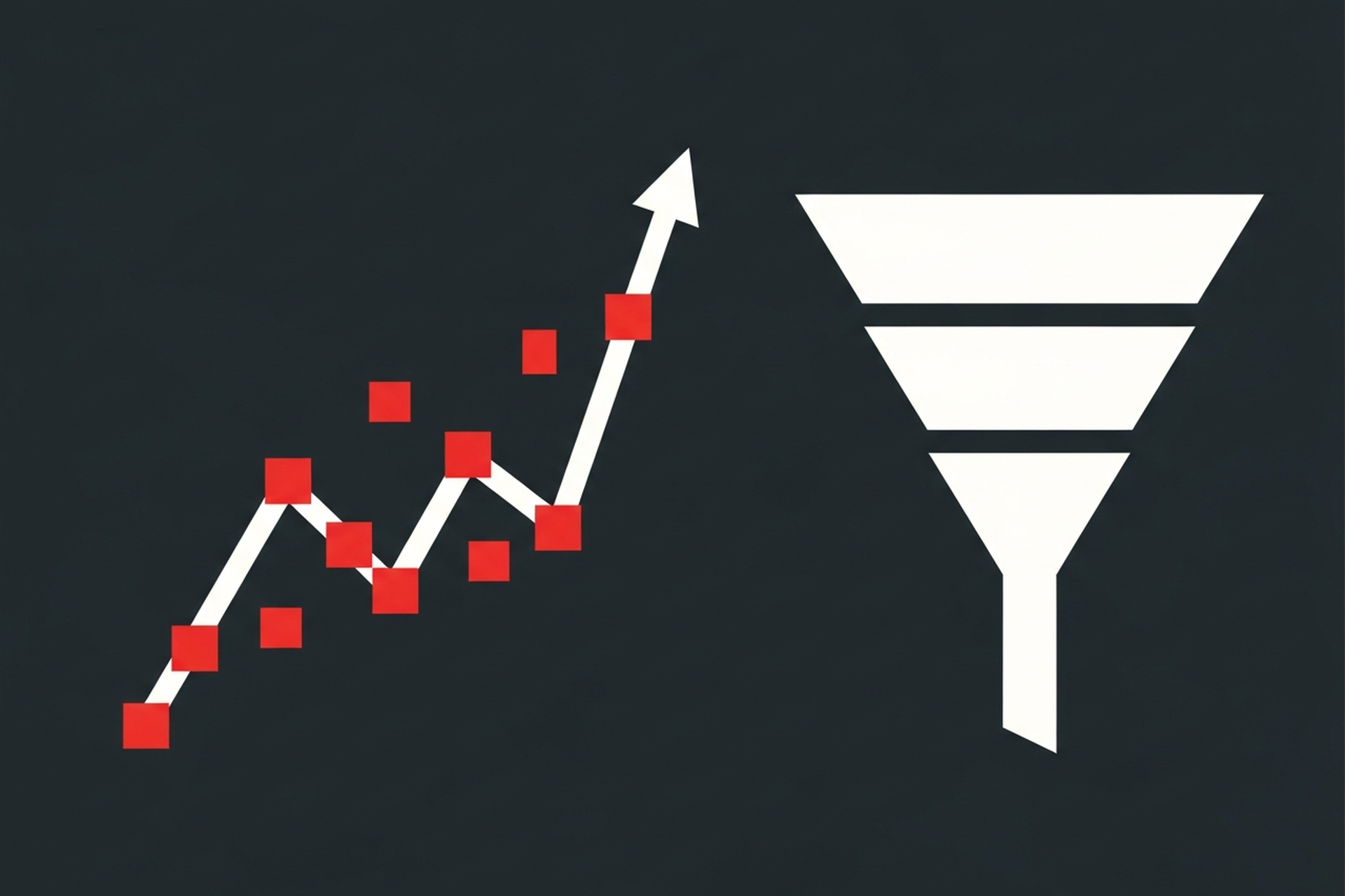 Flat geometric illustration of a line graph with upward trend and funnel shapes on a dark charcoal background representing marketing analytics services