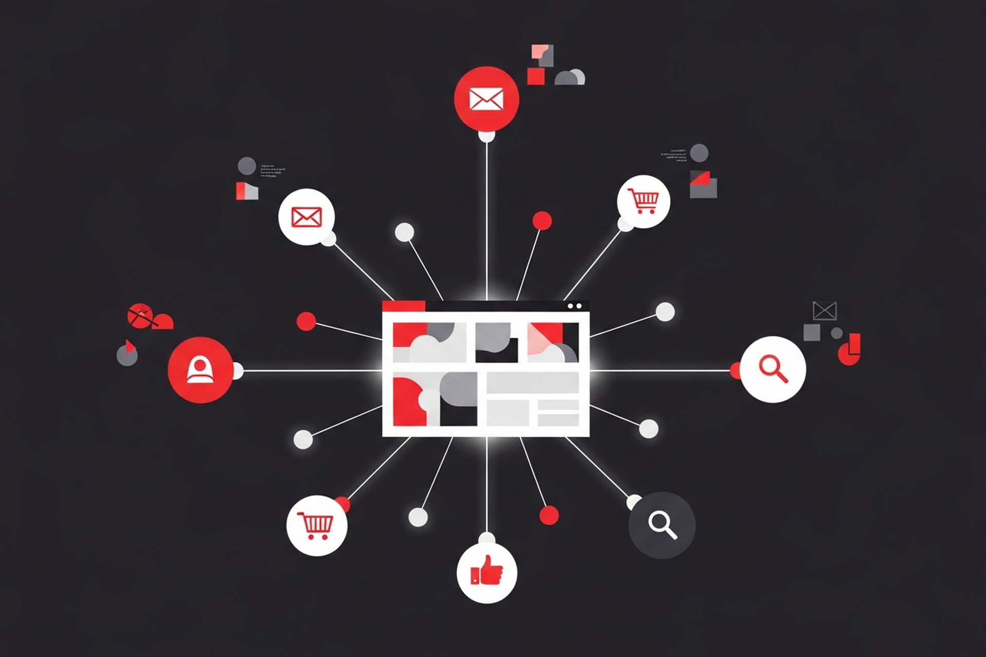 Flat design illustration of multiple performance marketing channels connected by network nodes with red accents on a dark charcoal background