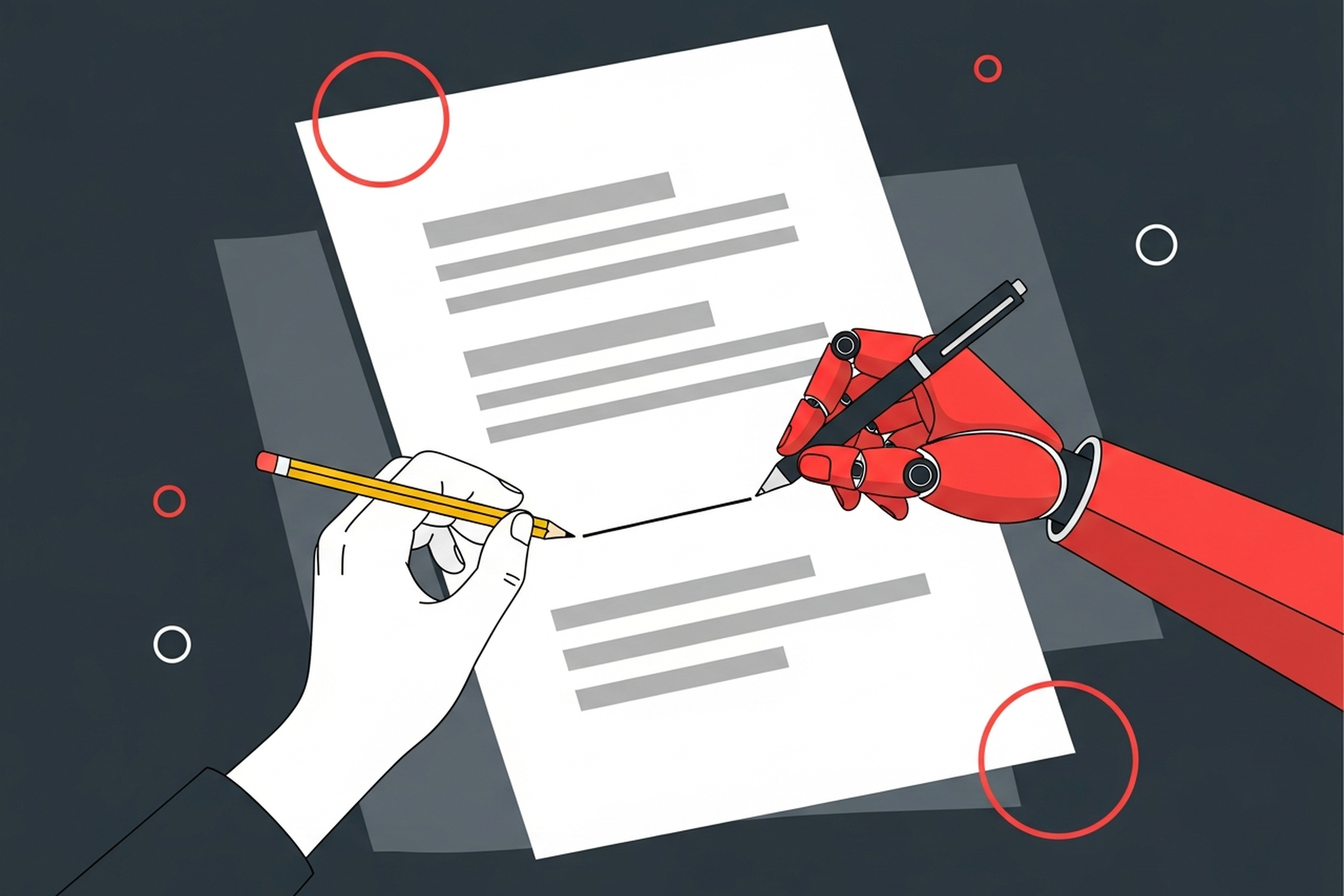 Human hand holding a pencil and a red robotic arm holding a pen, writing one shared line together on a document