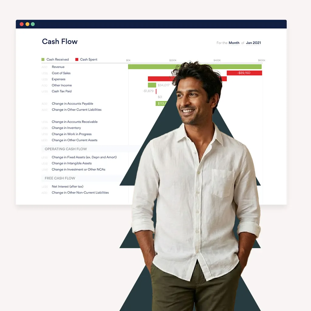 Man in front of a Cashflow screenshot