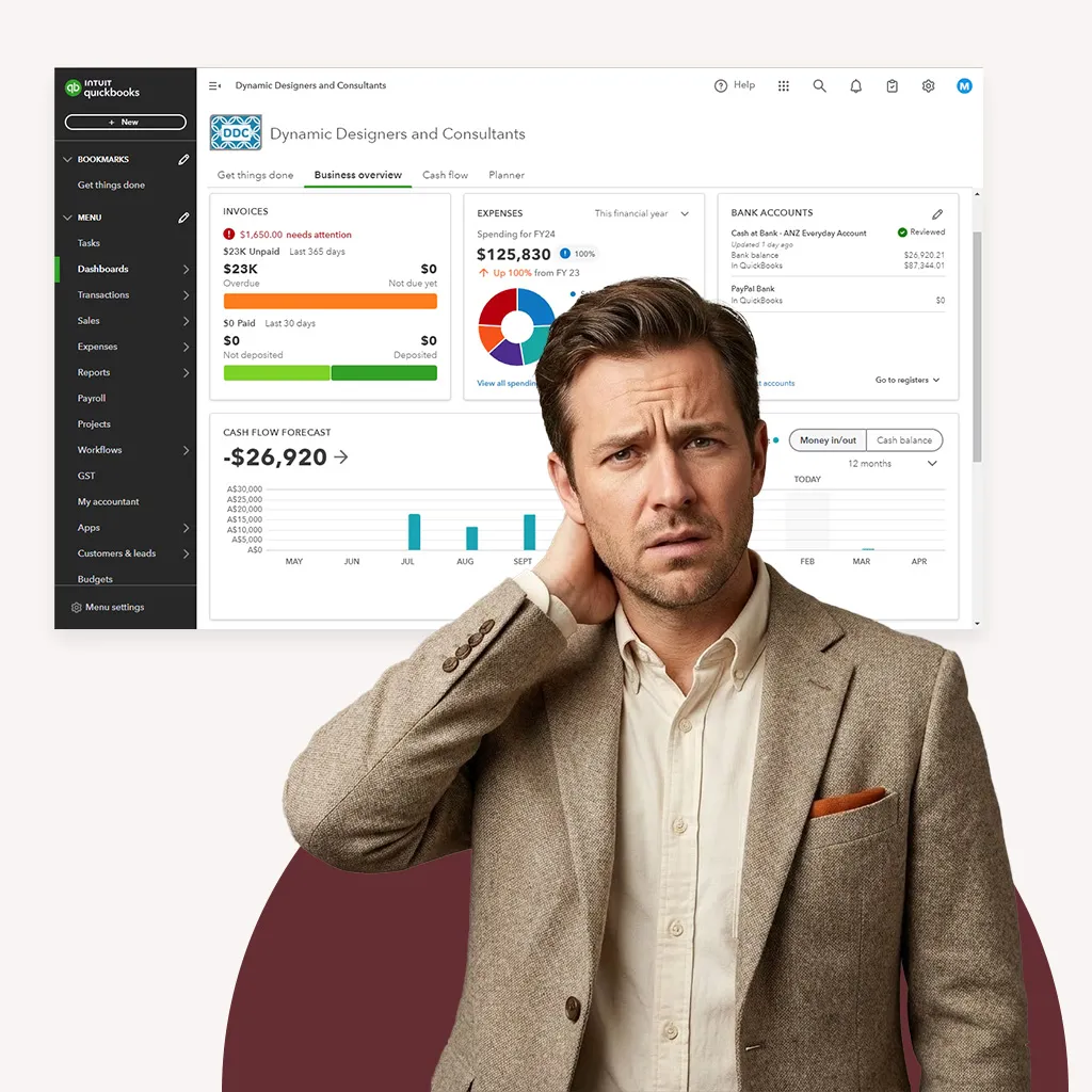 Man in front of a Bookkeeping screenshot