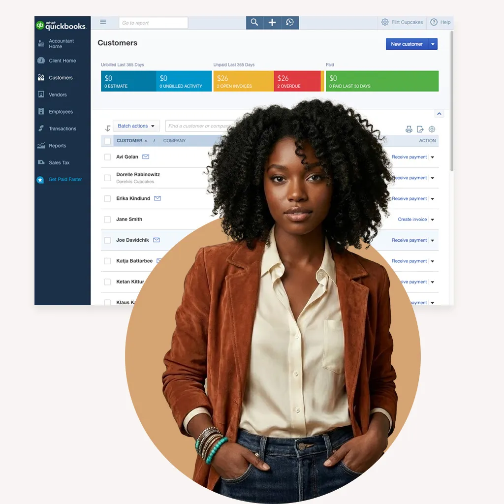 Woman in front of a Bookkeeping screenshot