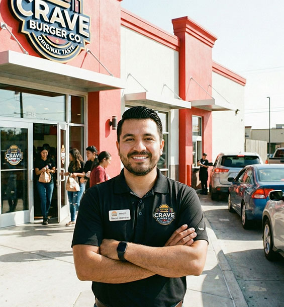 Proud owner of a successful fast food restaurant chain posing outside one of his restaurants.