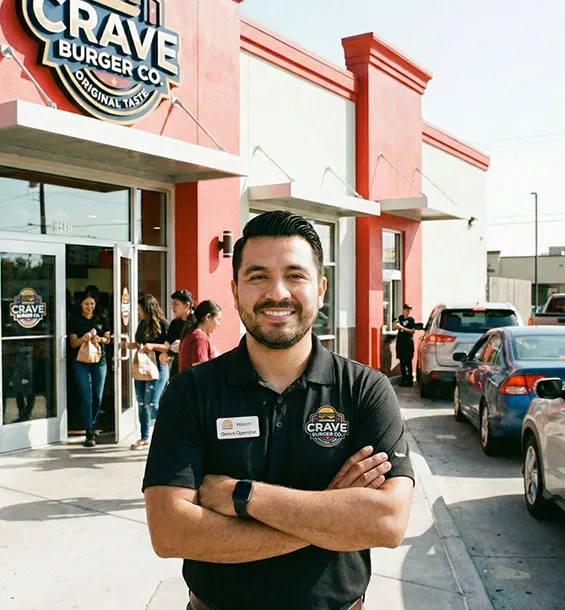 Proud owner of a successful fast food restaurant chain posing outside one of his restaurants.