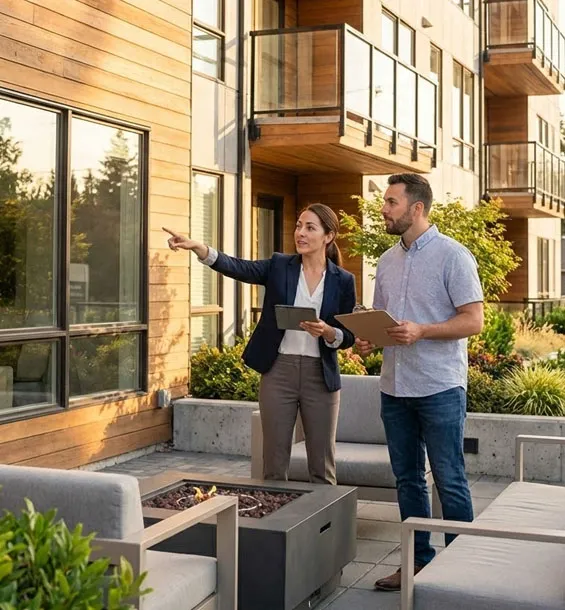 Property manager with a client.