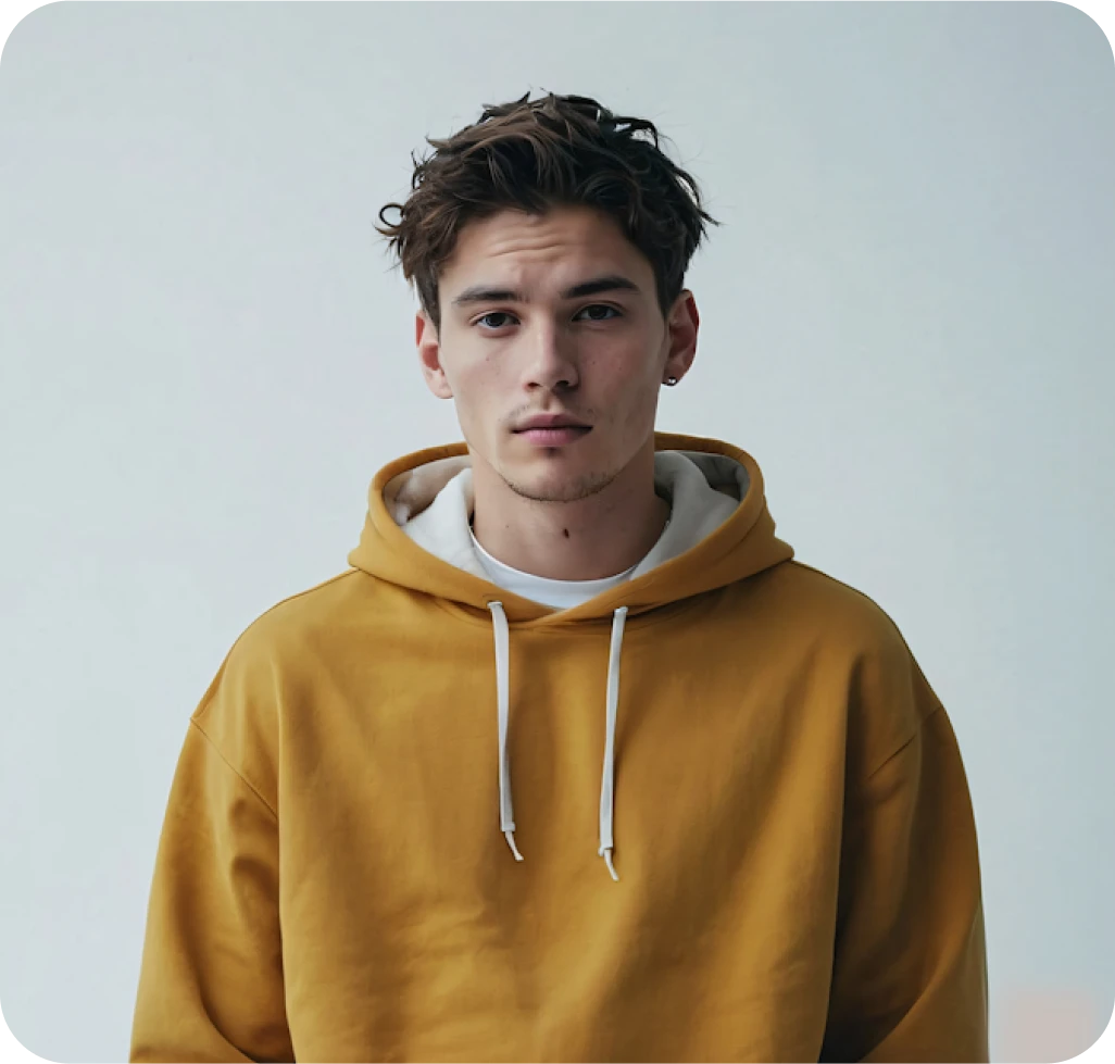 A man in a yellow hoodie looking at the camera.