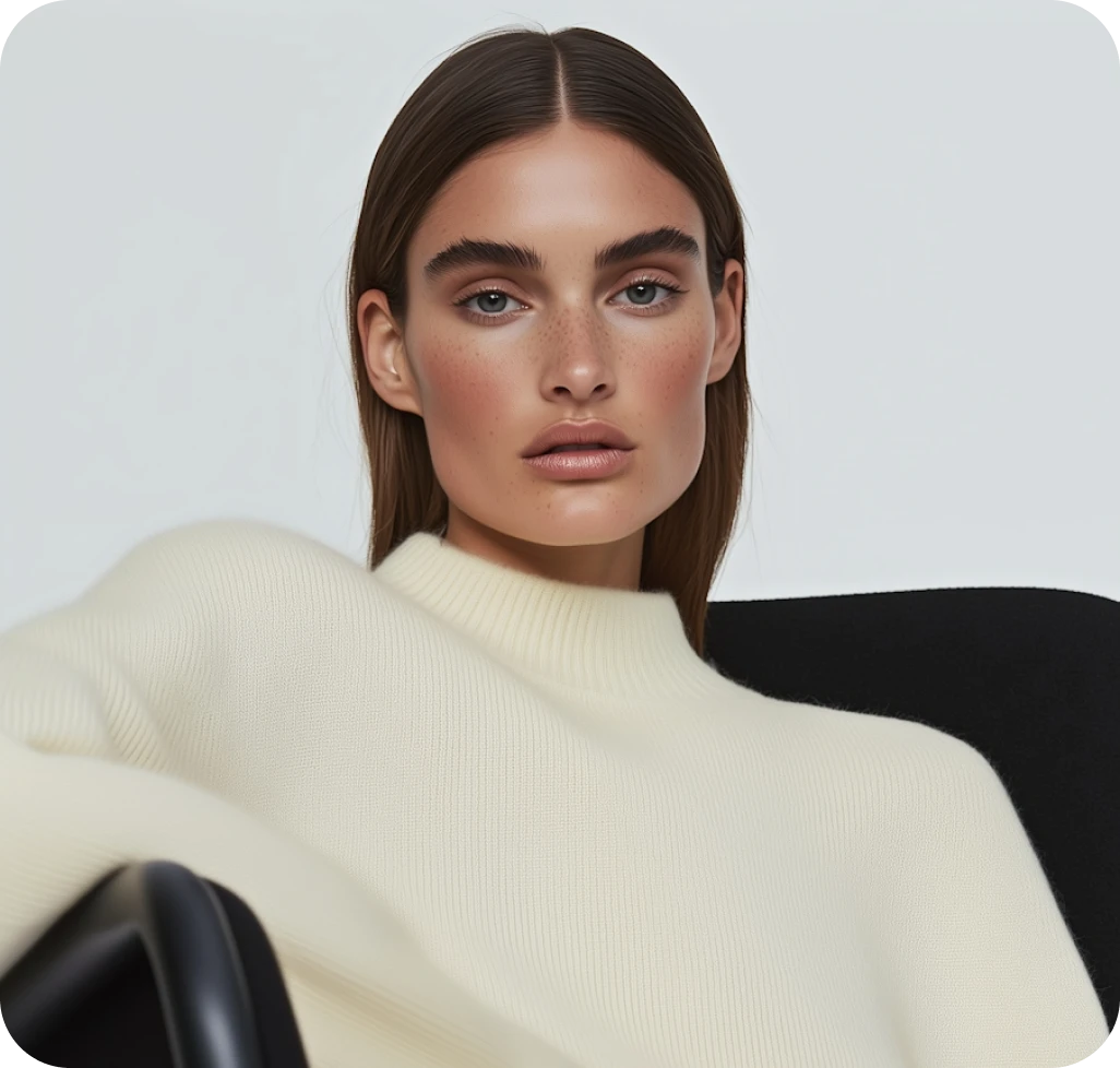 A woman sitting in a chair wearing a white sweater.