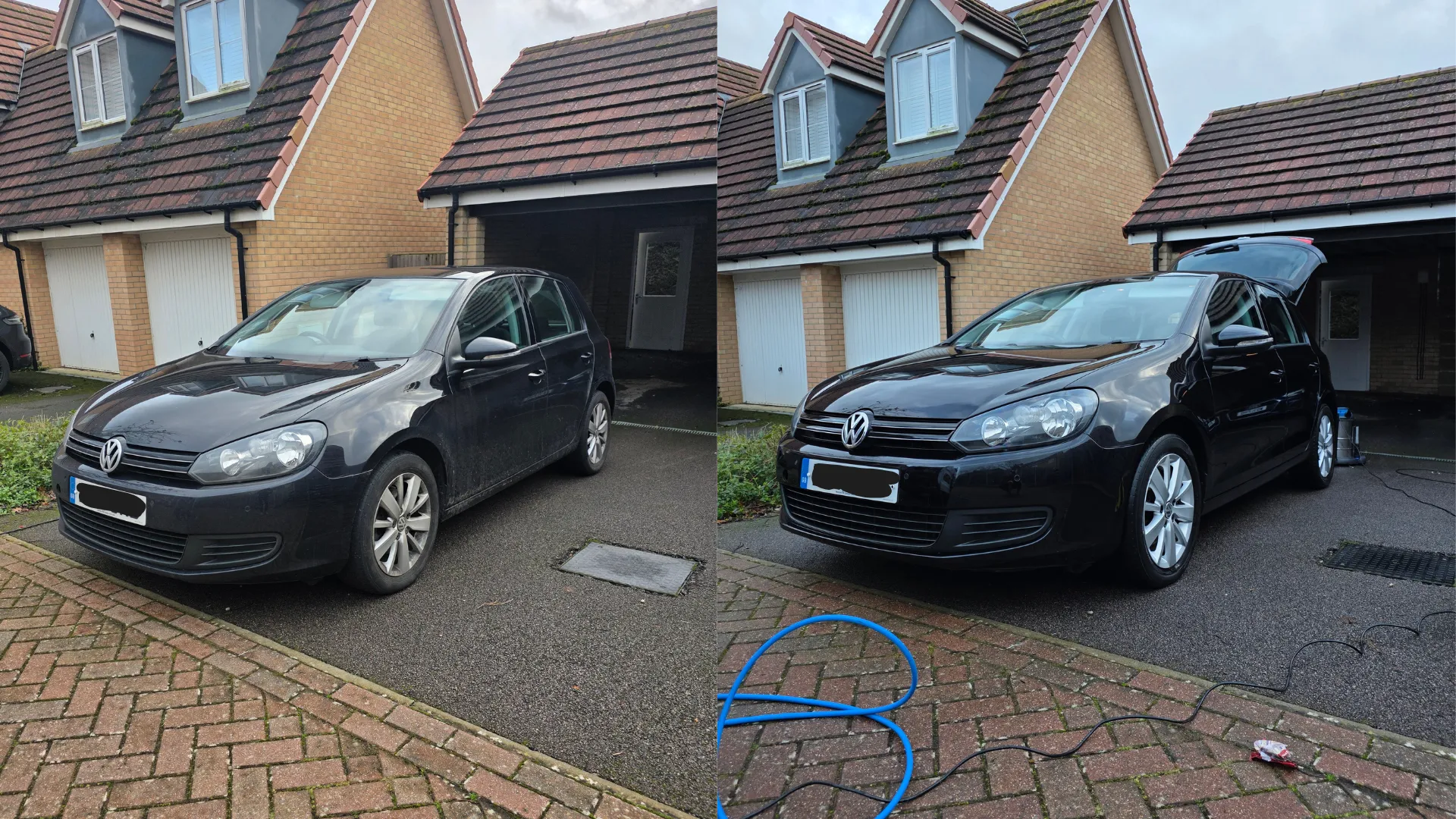 Side-by-side images of a black Volkswagen Golf parked in a driveway, before and after cleaning.