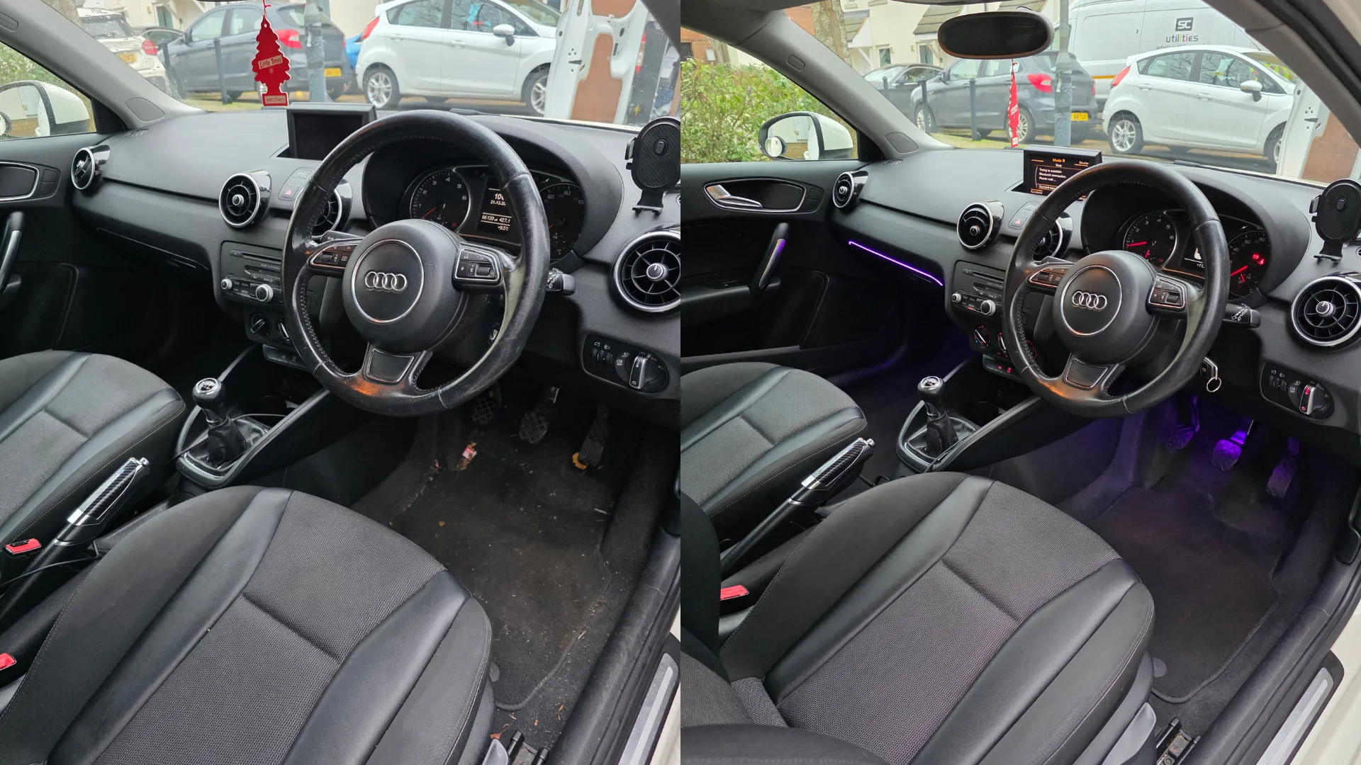 Side-by-side comparison of Audi car interior before and after cleaning and adding purple ambient lighting.