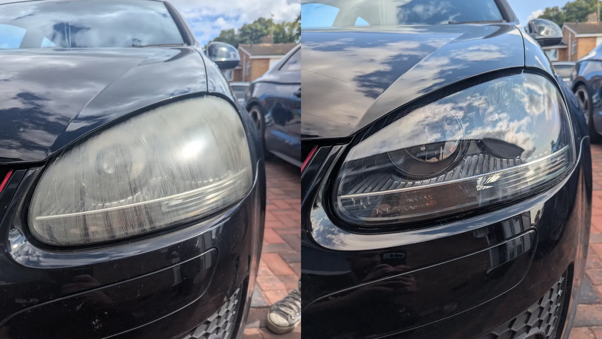 Side-by-side comparison of a car headlight, showing a cloudy, scratched headlight on the left and a clear, restored headlight on the right.