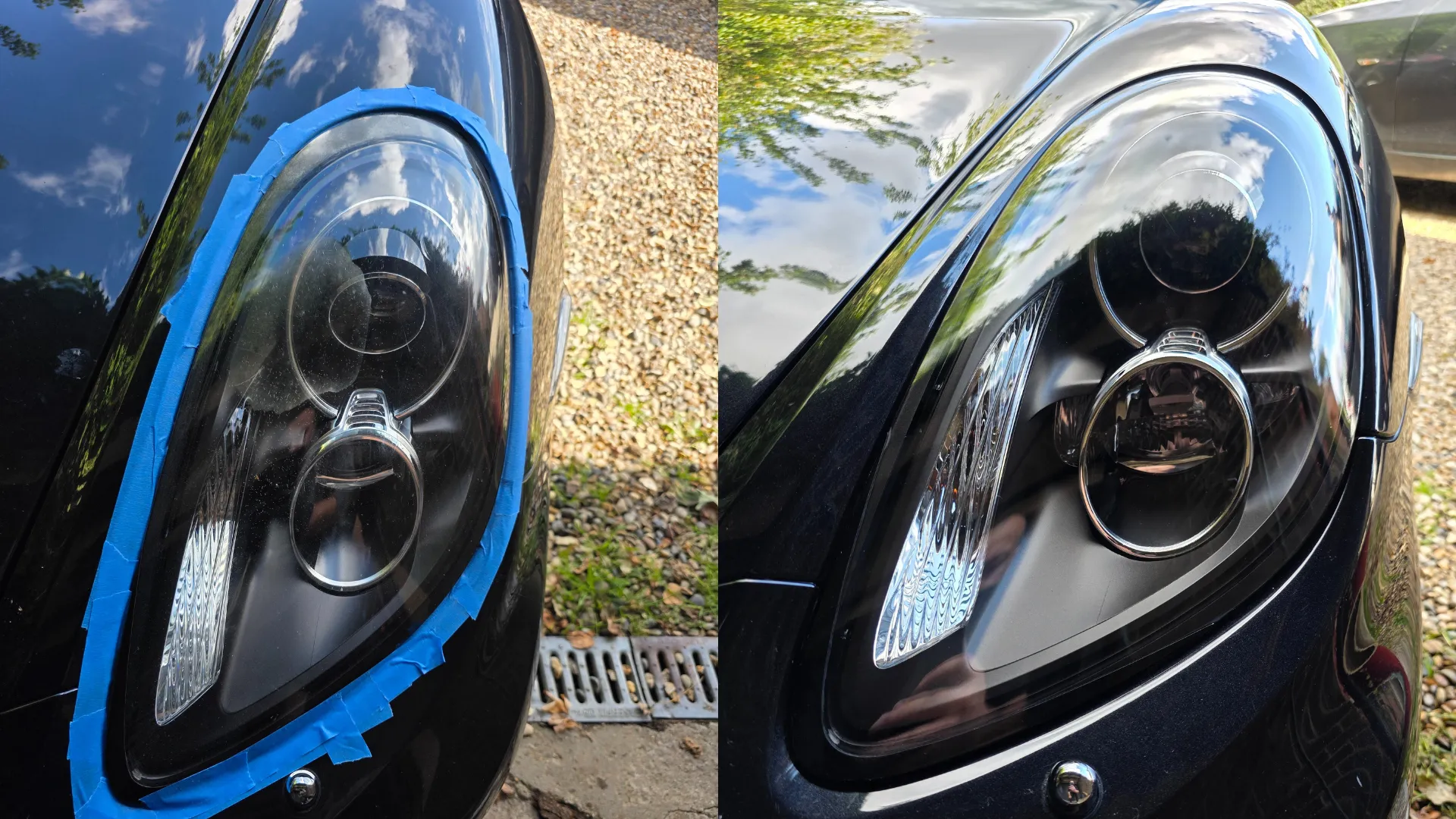 Side-by-side comparison of a car headlight before and after restoration, with the left headlight taped for polishing and the right headlight clear and shiny.
