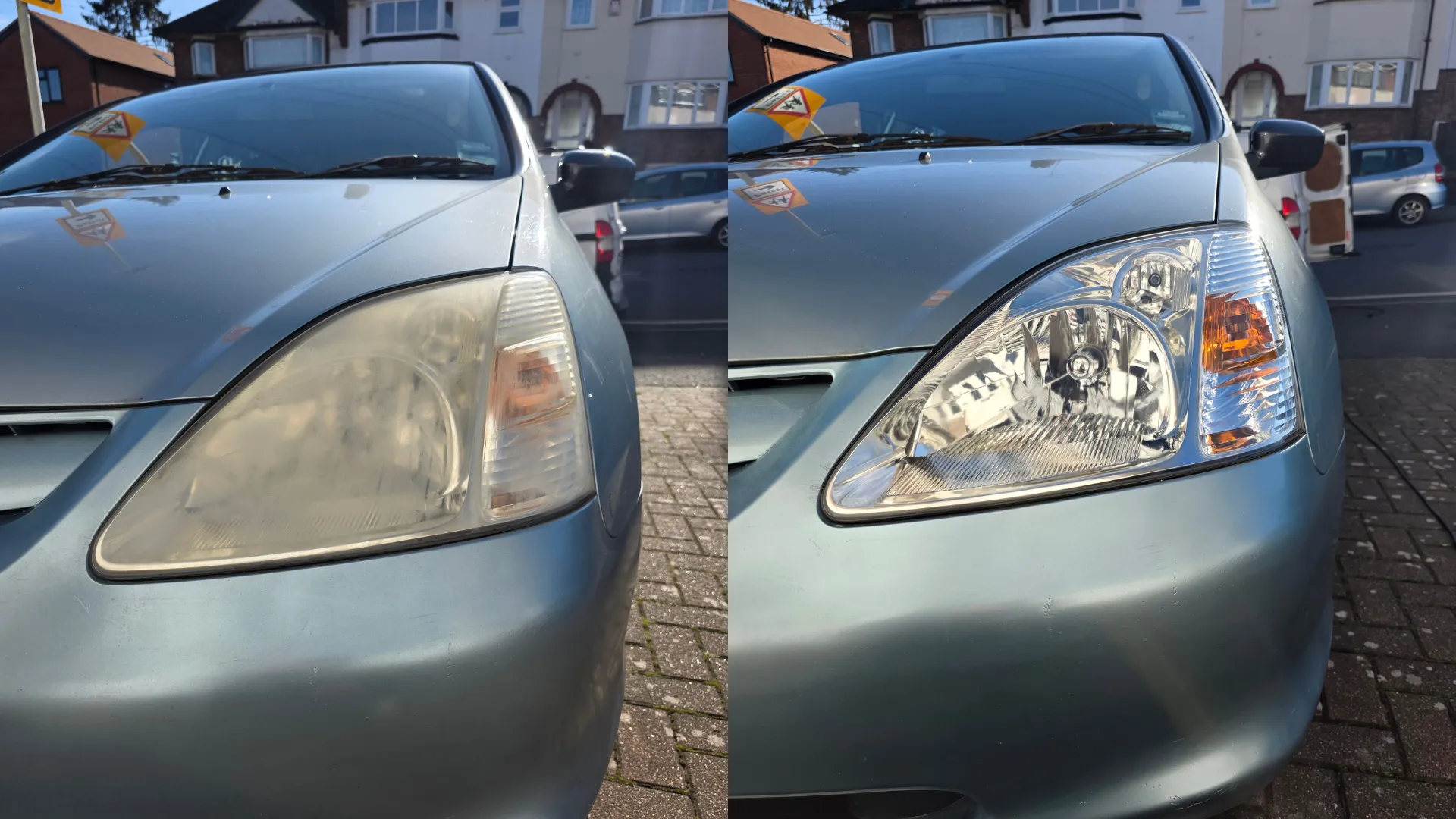 Side-by-side comparison of car headlights, one foggy and clouded on the left, and one clear and polished on the right.