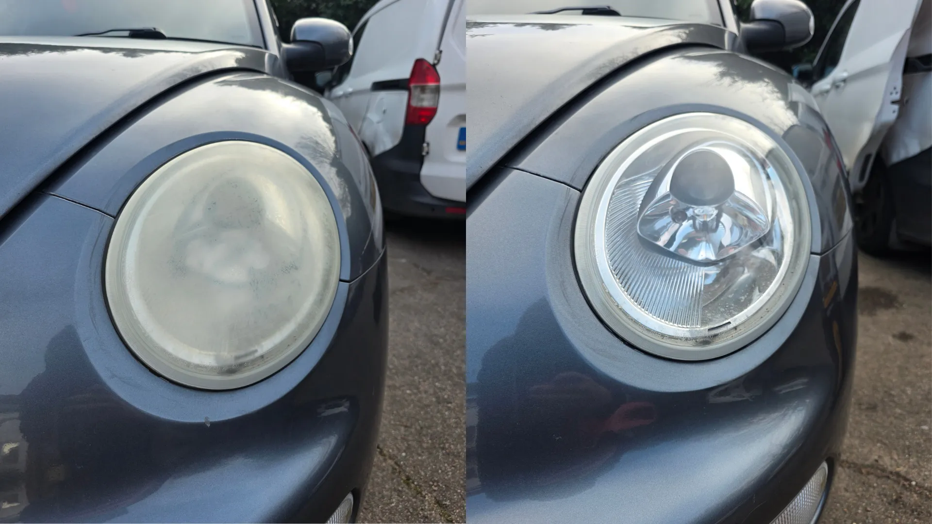 Side-by-side comparison of a car headlight before and after restoration, showing a foggy headlight on the left and a clear, clean headlight on the right.