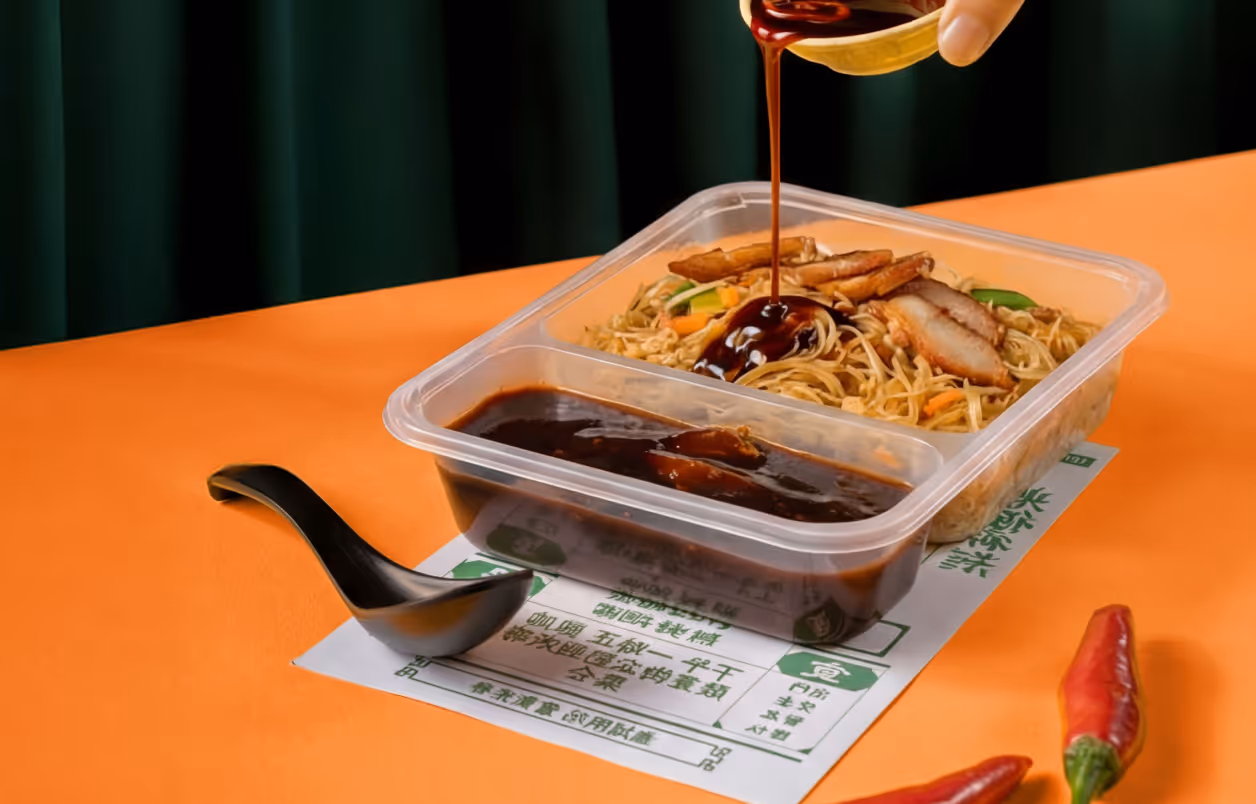 Takeout container with noodles, vegetables, and slices of meat being topped with dark sauce, next to a black spoon on an orange surface.