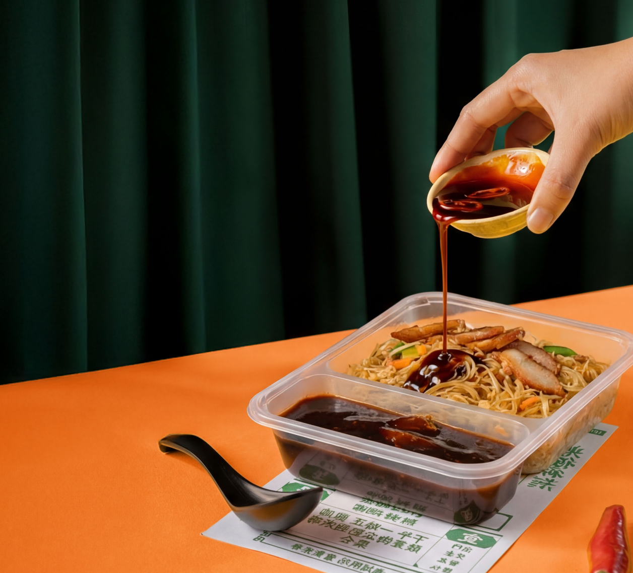Takeout container with noodles, vegetables, and slices of meat being topped with dark sauce, next to a black spoon on an orange surface.