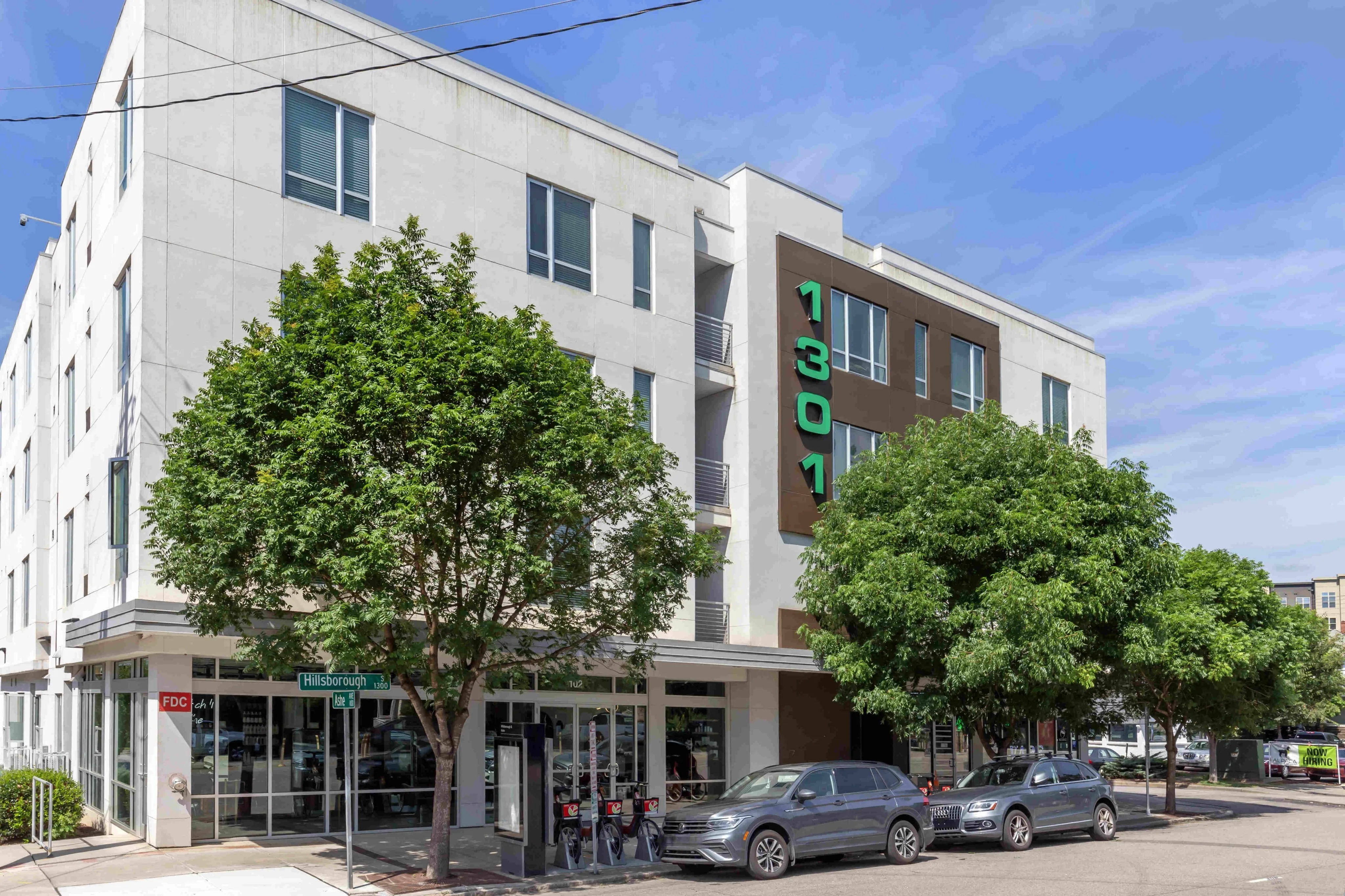 exterior of apartments with trees