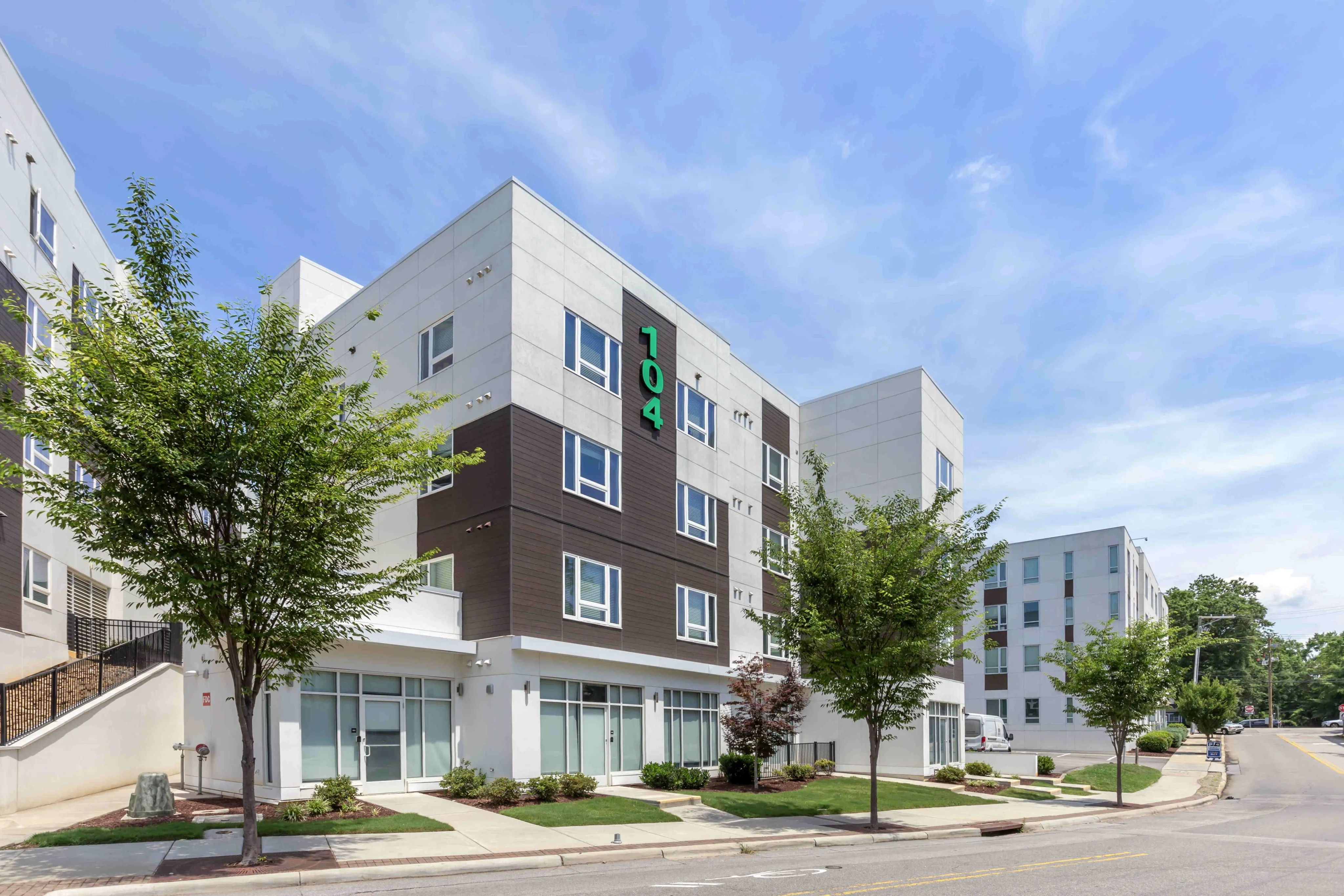 exterior of apartments with trees