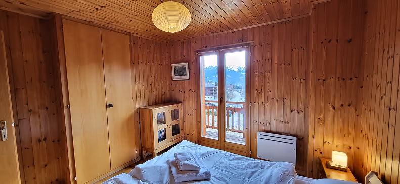 Cozy wooden-paneled bedroom with a double bed, folded towels, a wardrobe, a cabinet, and a window showing a snowy mountain view.
