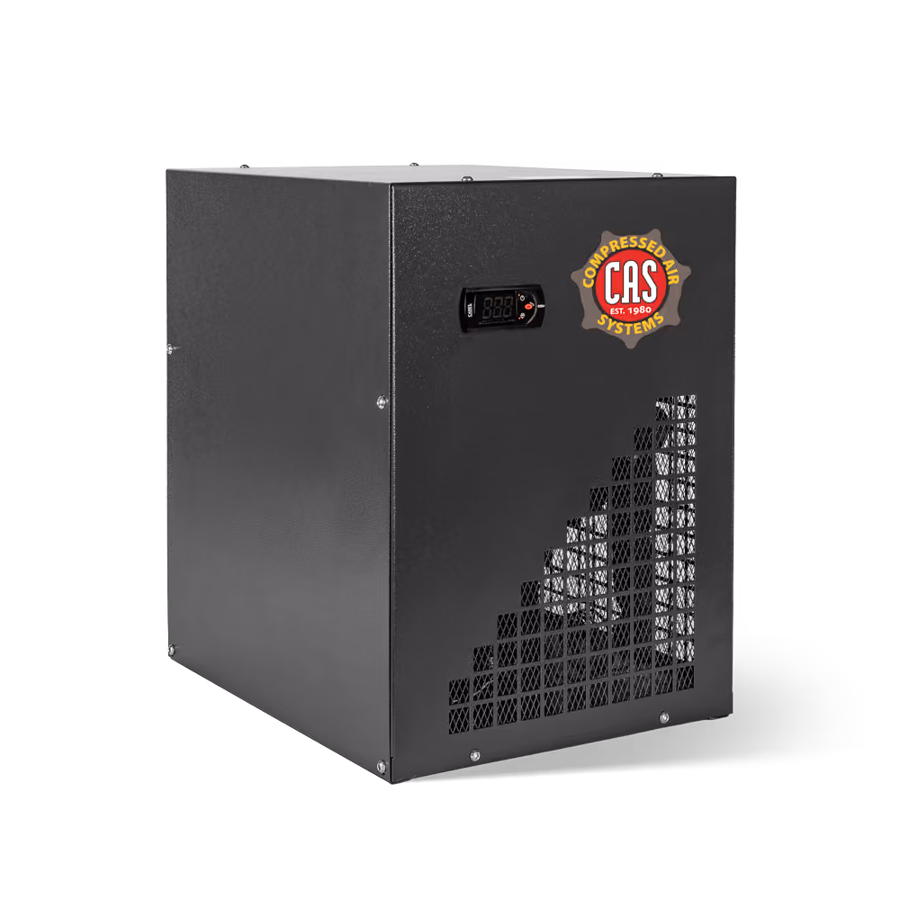 Three black industrial compressed air dryers with CAS logo and digital control panels.
