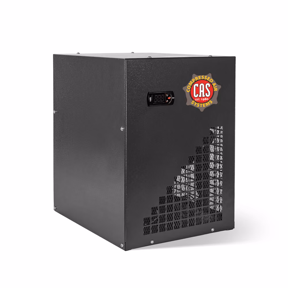 Three black industrial compressed air dryers with CAS logo and digital control panels.