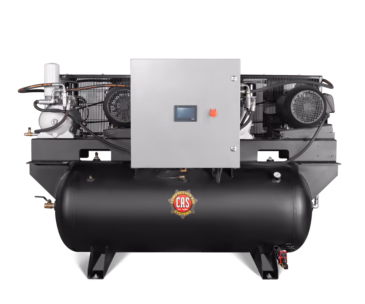 Industrial air compressor machine with black cylindrical tank and control panel.