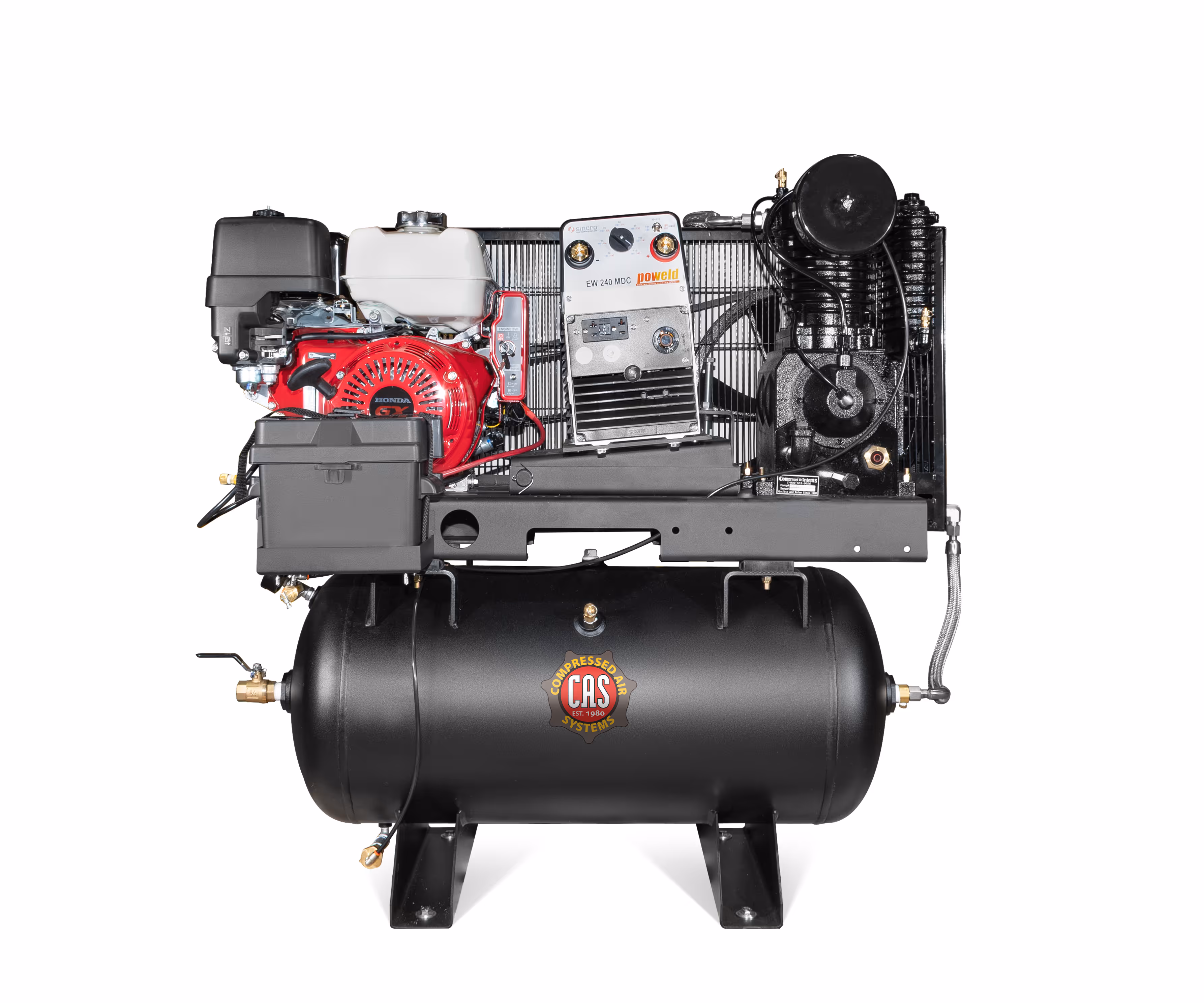 Industrial air compressor with a black tank, red and white engine, and control panel mounted on top.