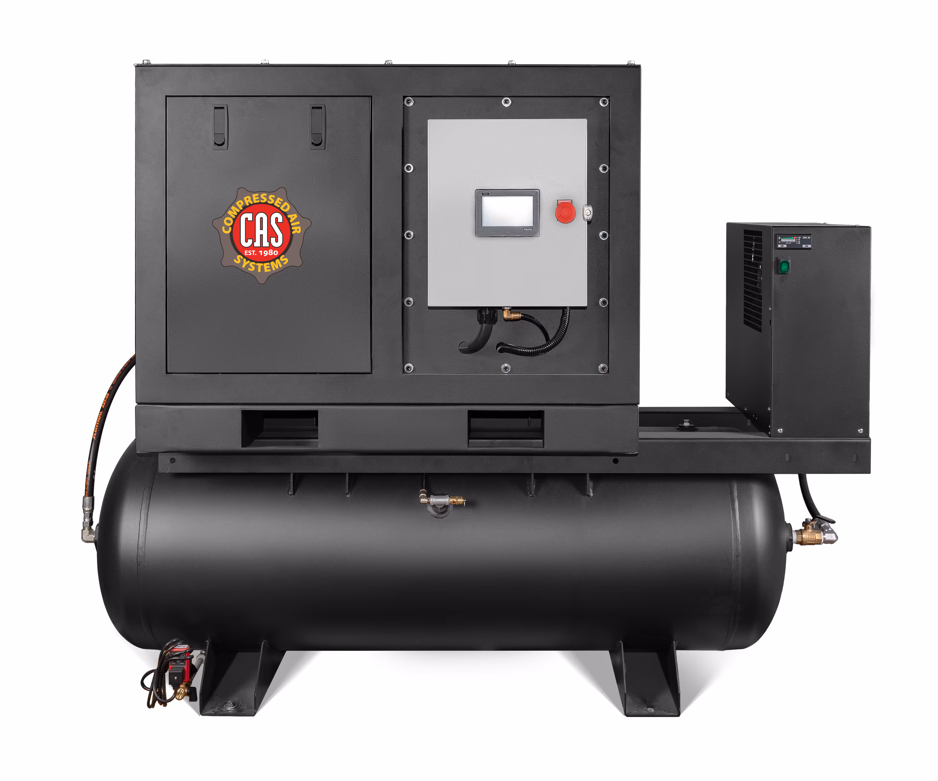 Black industrial air compressor system with cylindrical tank, control panel, and CAS logo on the front.