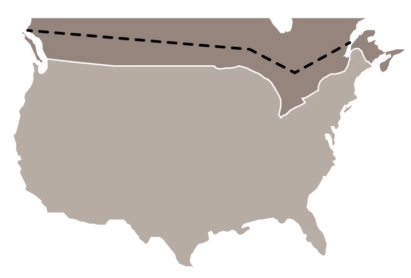 Map of the United States with a dashed line separating the northern states from the rest of the country.