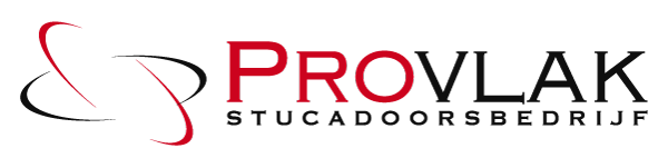 Provlak-logo met rood en zwart gestileerde tekst en abstracte gebogen lijnen.