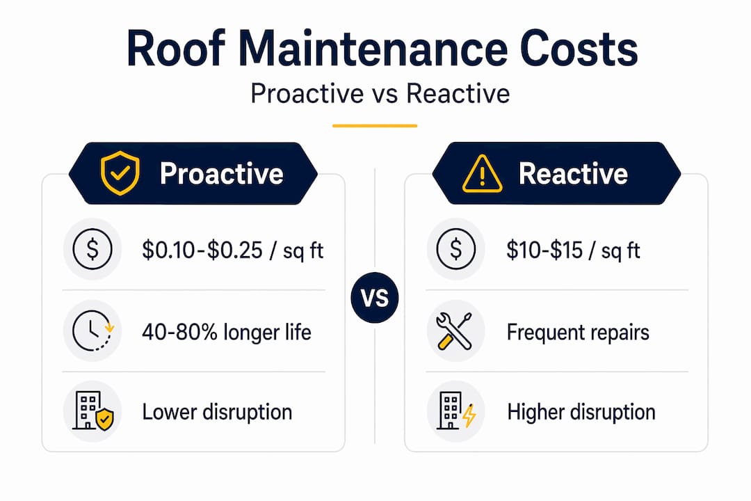 Infographic comparing proactive versus reactive roof maintenance
