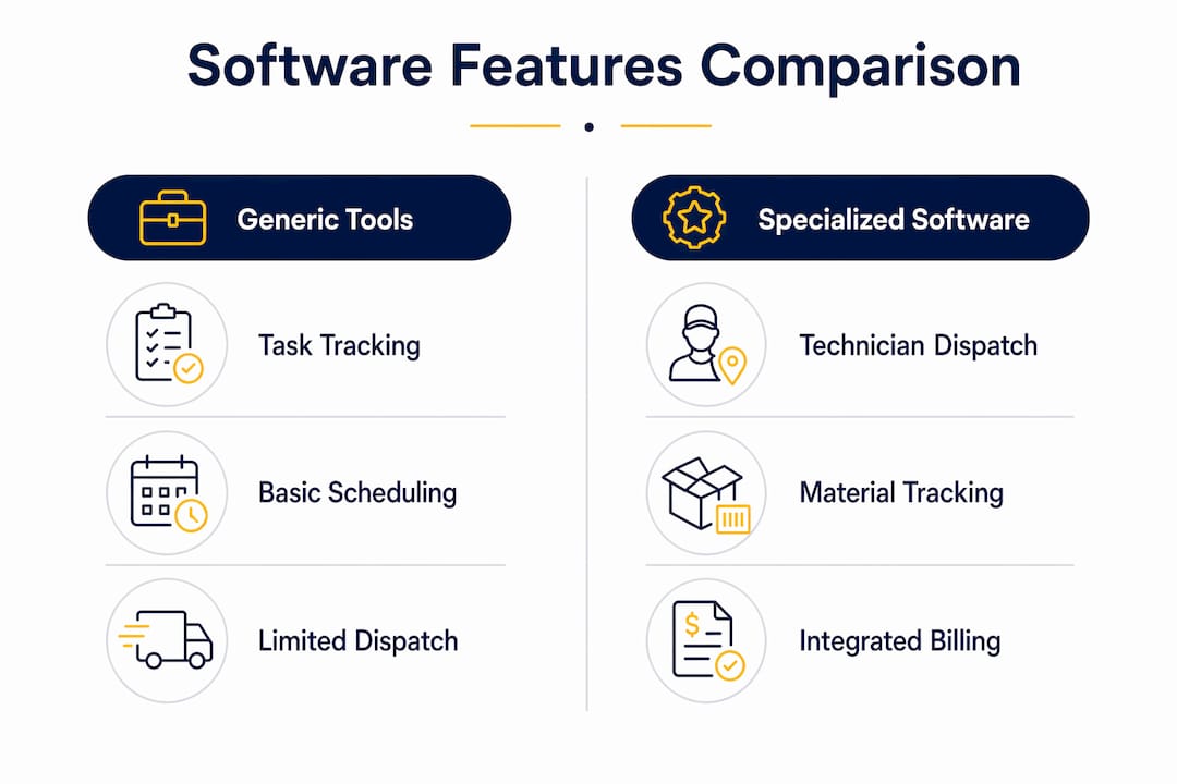 Infographic comparing specialized and generic job management software features