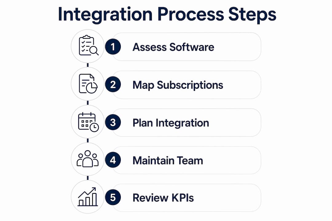 Infographic outlining software integration process steps for roofing acquisitions