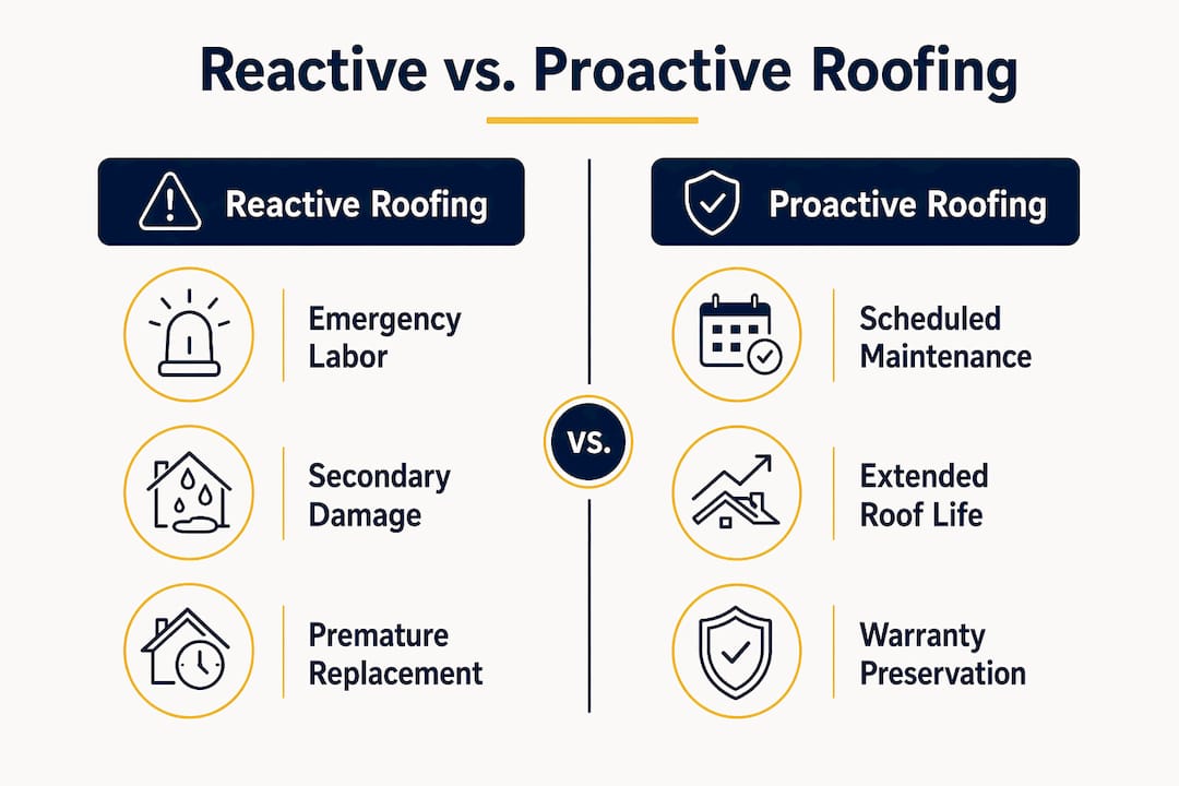 Infographic comparing reactive and proactive roofing costs