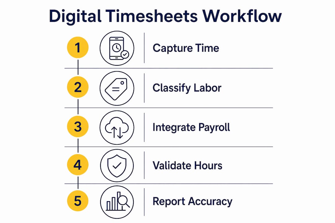 Infographic illustrating digital timesheets workflow in roofing operations