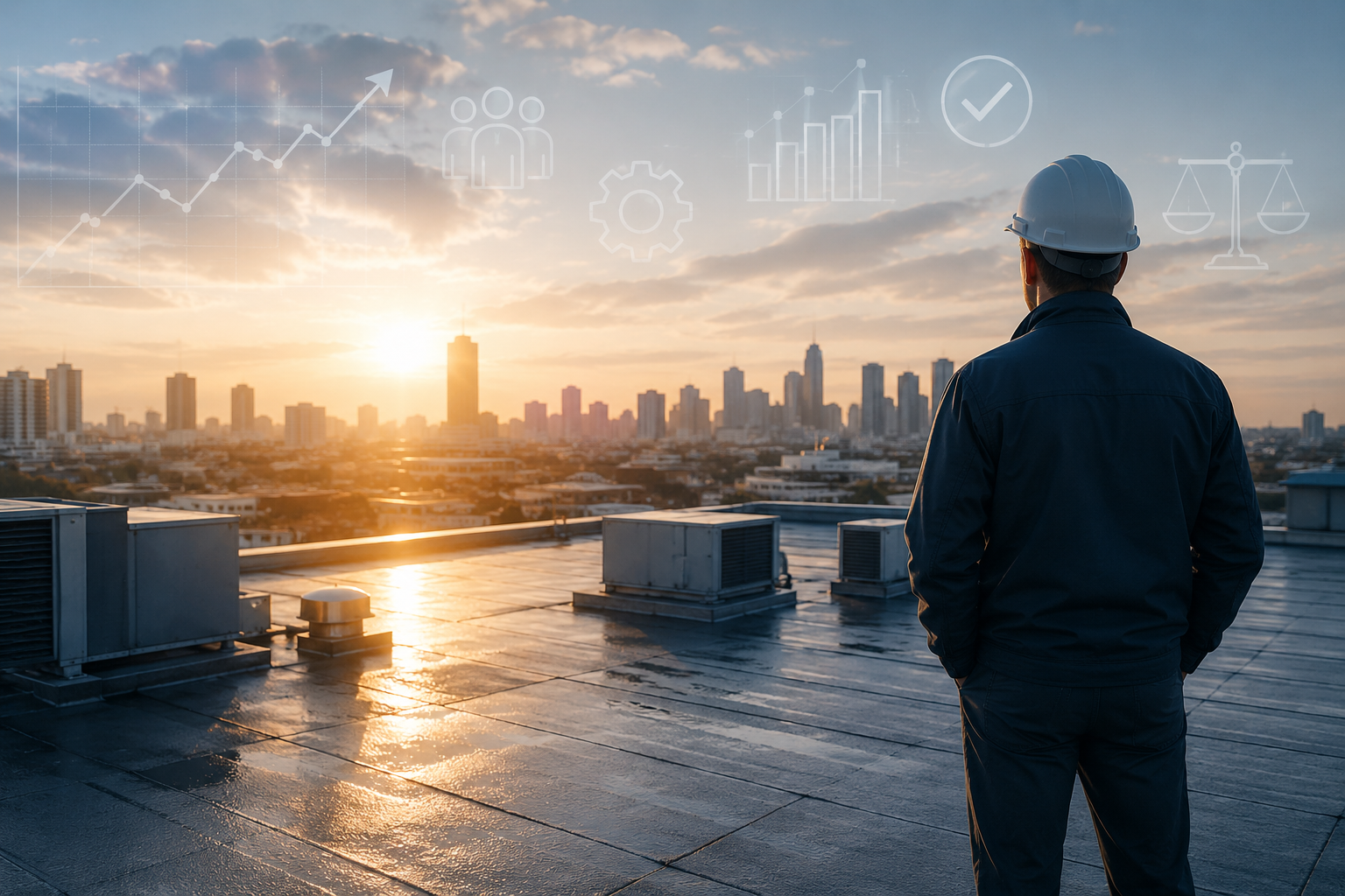A male commercial roofing contractor is on a commercial roof, looking out onto the sunset