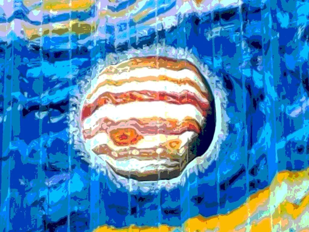 Abstract painting of a planet with red and white stripes against a swirling blue background. Vivid colors and bold brushstrokes create a dynamic feel.