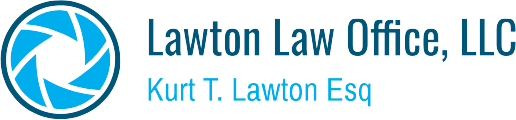 Lawton Law Office, LLC logo with a blue circular emblem beside the text and 'Kurt T. Lawton Esq' below in lighter blue.