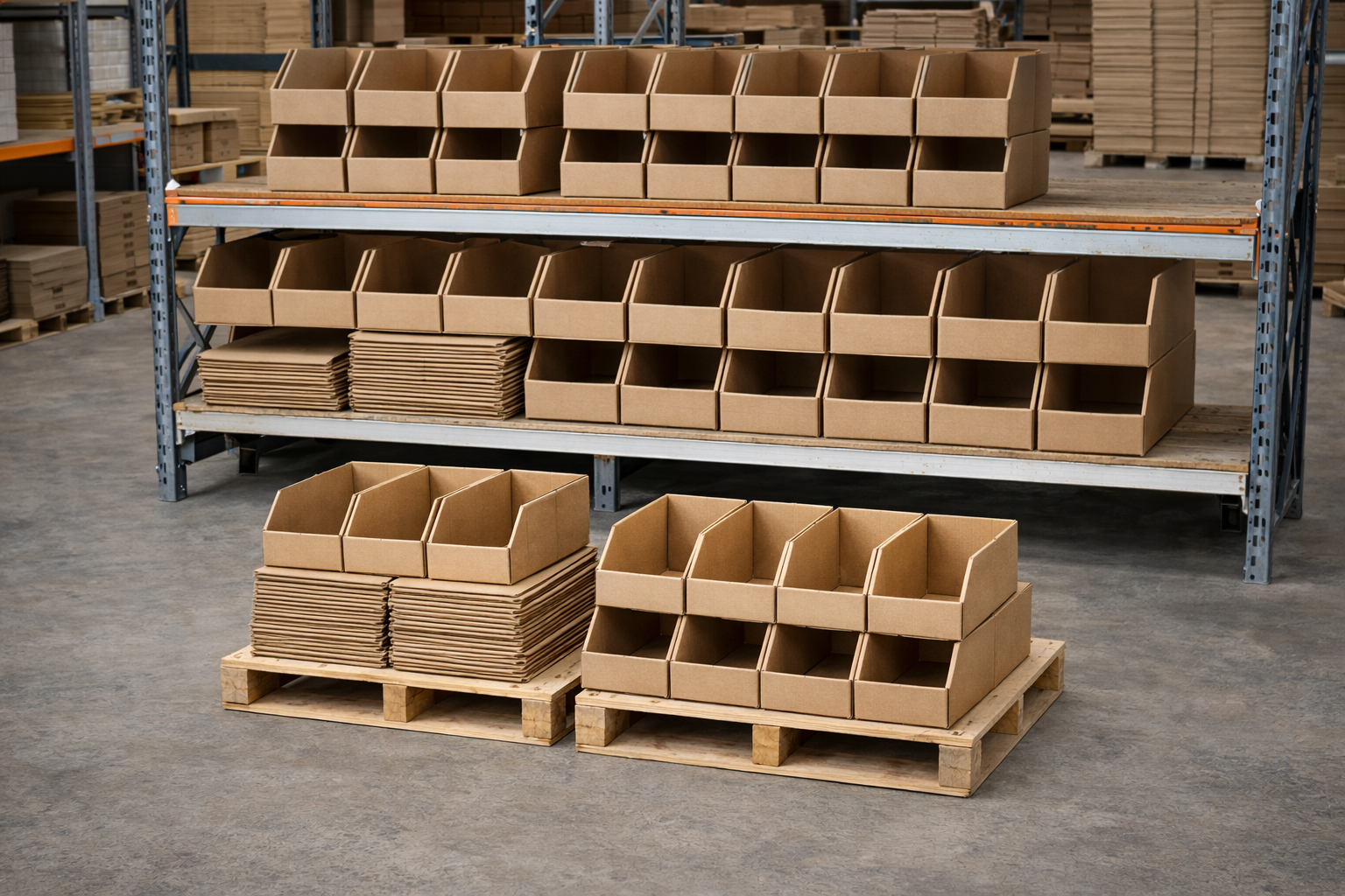 Open-front corrugated bin boxes on warehouse shelving
