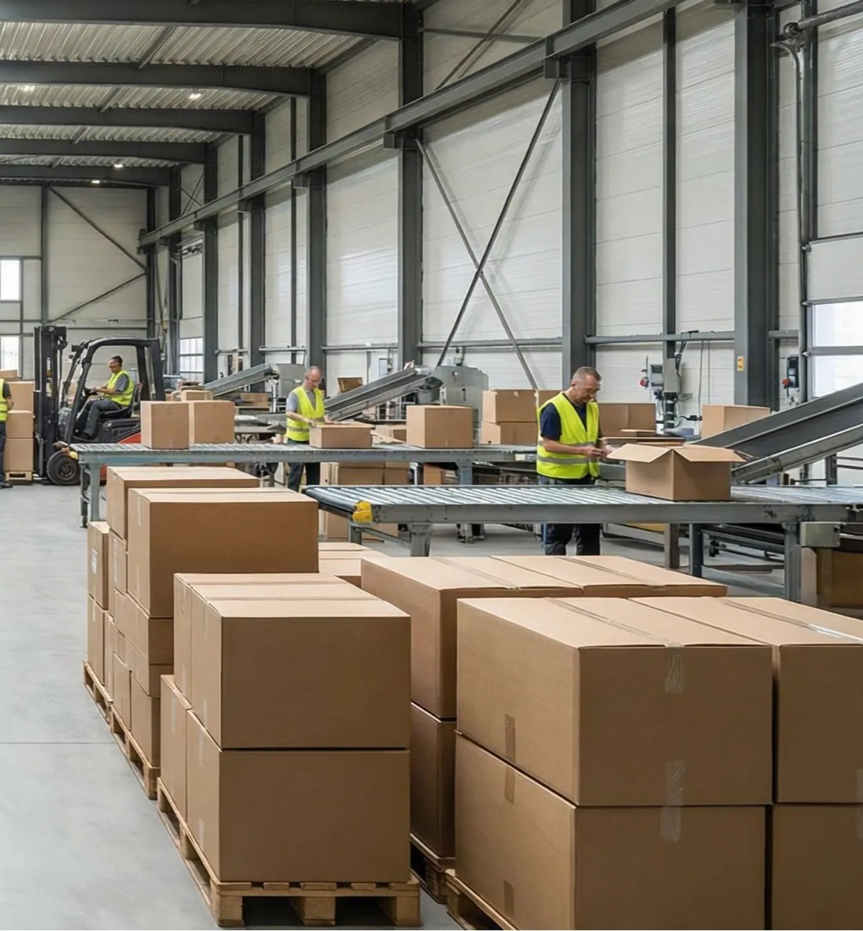 Once-used corrugated boxes, sorted and banded in a Rebox warehouse