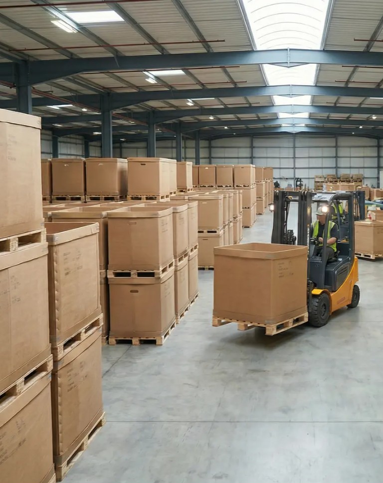 Gaylord bulk bins stacked on pallets
