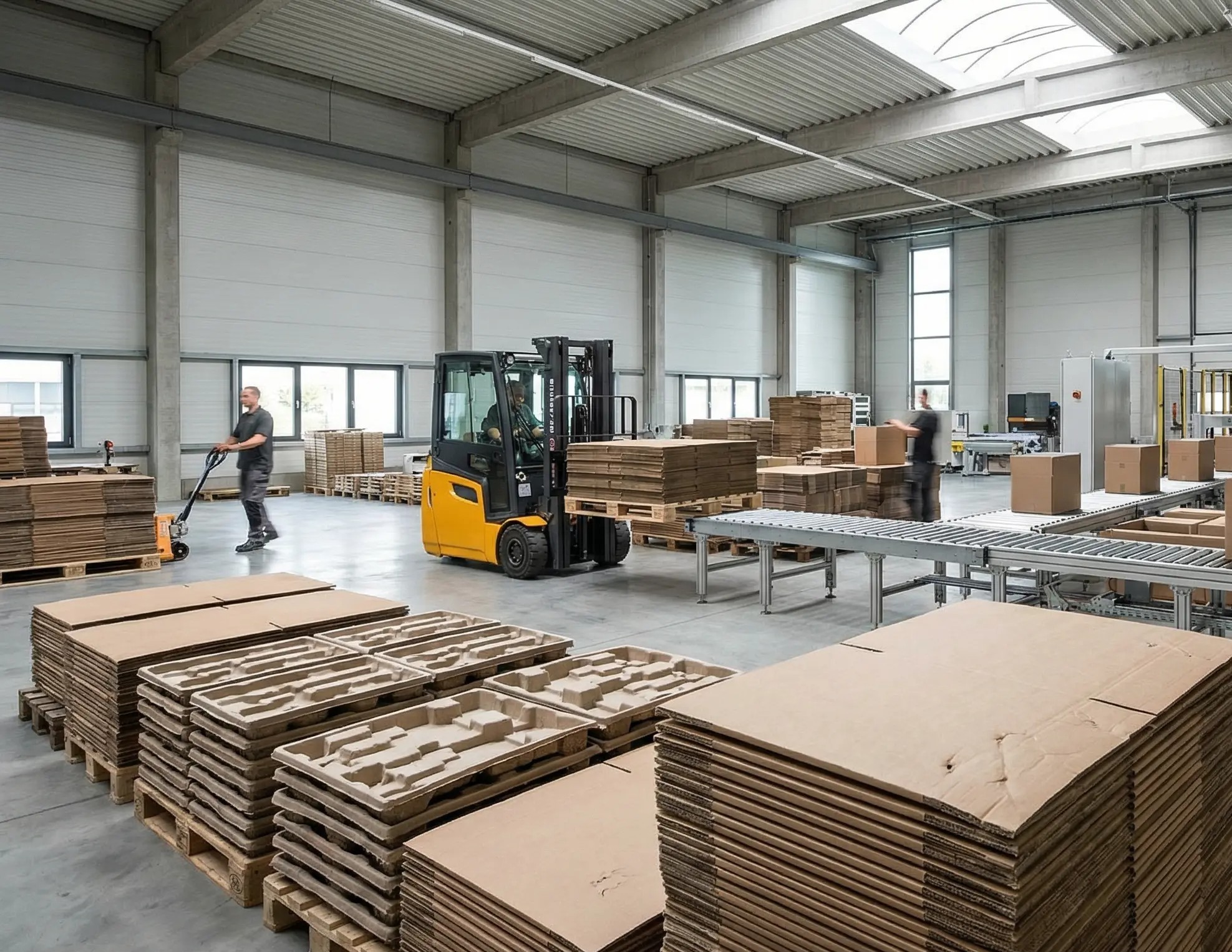 Corrugated slip sheets and trays stacked on a skid