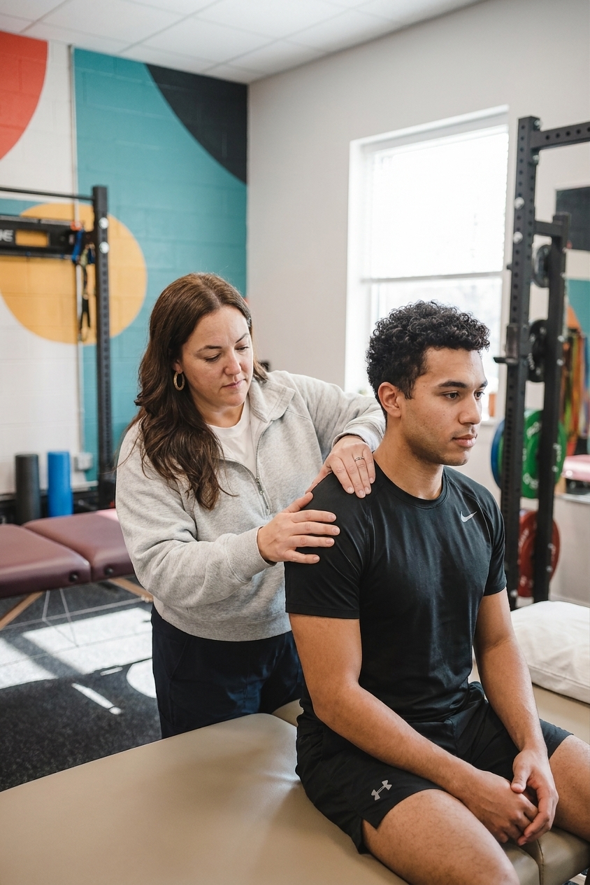 Patient working with a provider at a sports physical therapy clinic in Peachtree City, GA