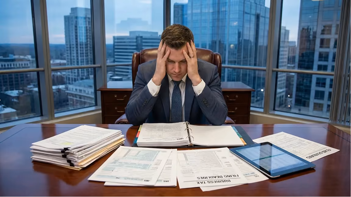 Stressed businessman in suit sitting at desk with tax and business documents in office with city view.