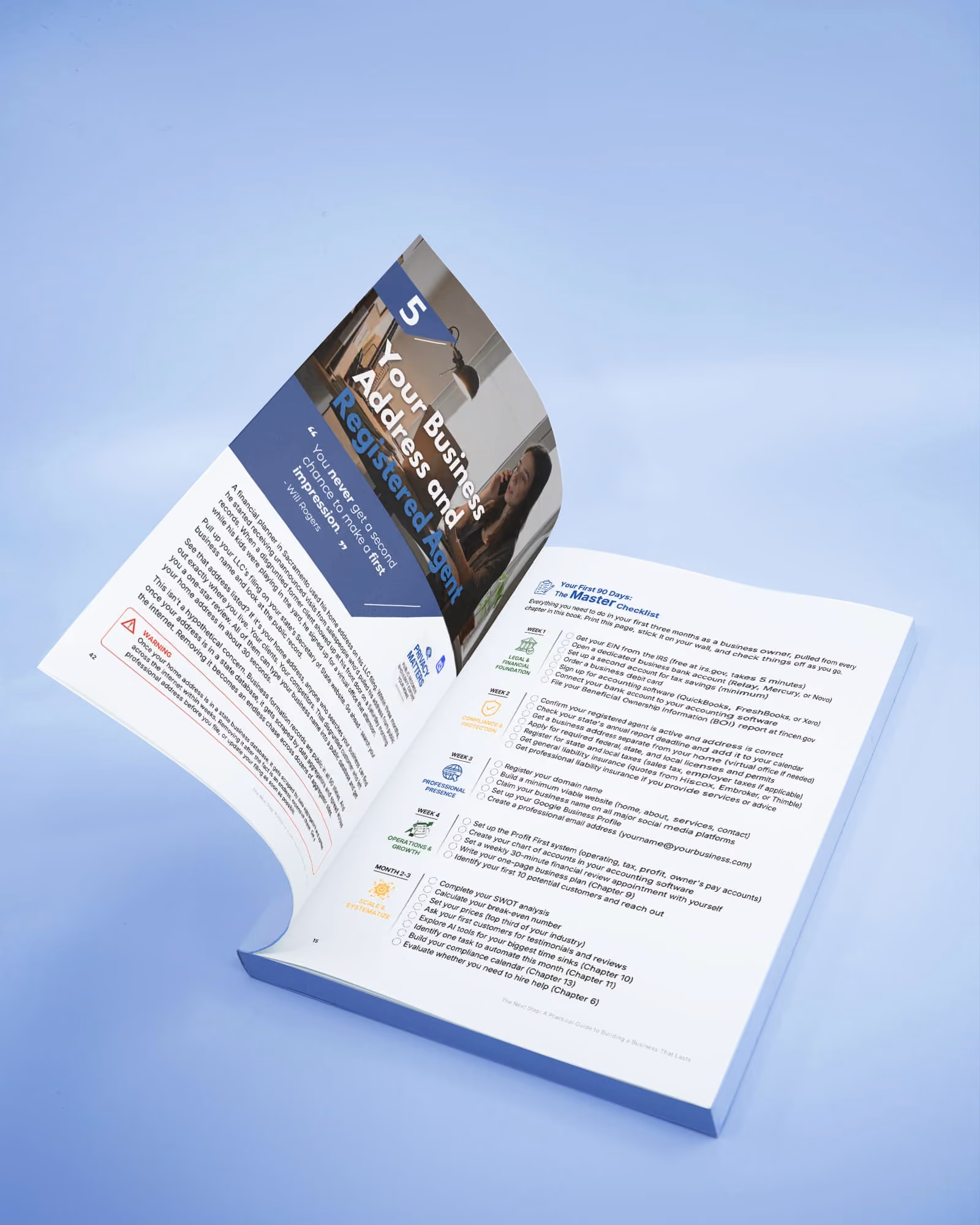 Open book showing a business checklist and a page titled 'Your Business Address and Registered Agent.'