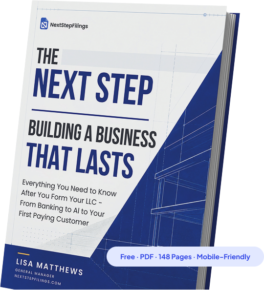 Book titled 'Building a Business That Lasts' by Lisa Matthews with blueprint design on cover.