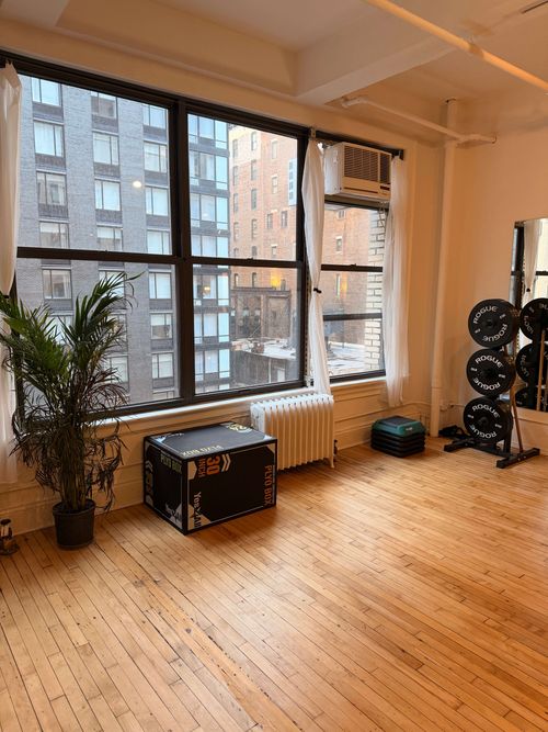 Bright exercise room with wooden floor, large windows, potted plant, plyo box, stacked steps, and weight plates on a rack.