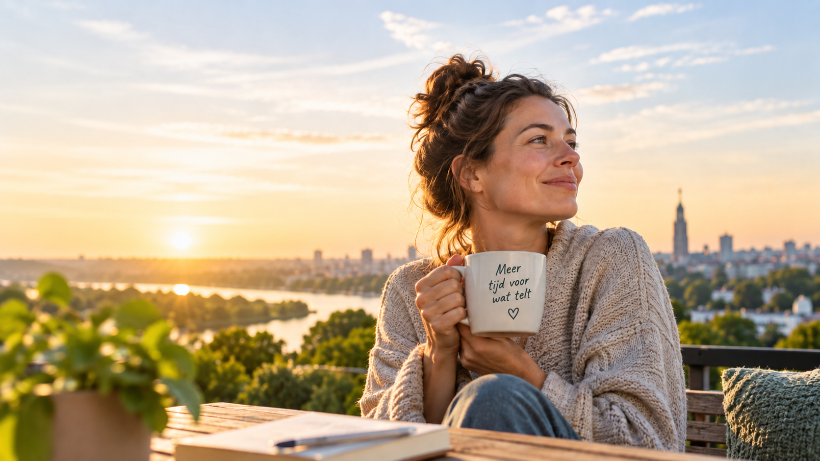 Vrouw geniet op haar balkon van de ochtendzon met een mok koffie