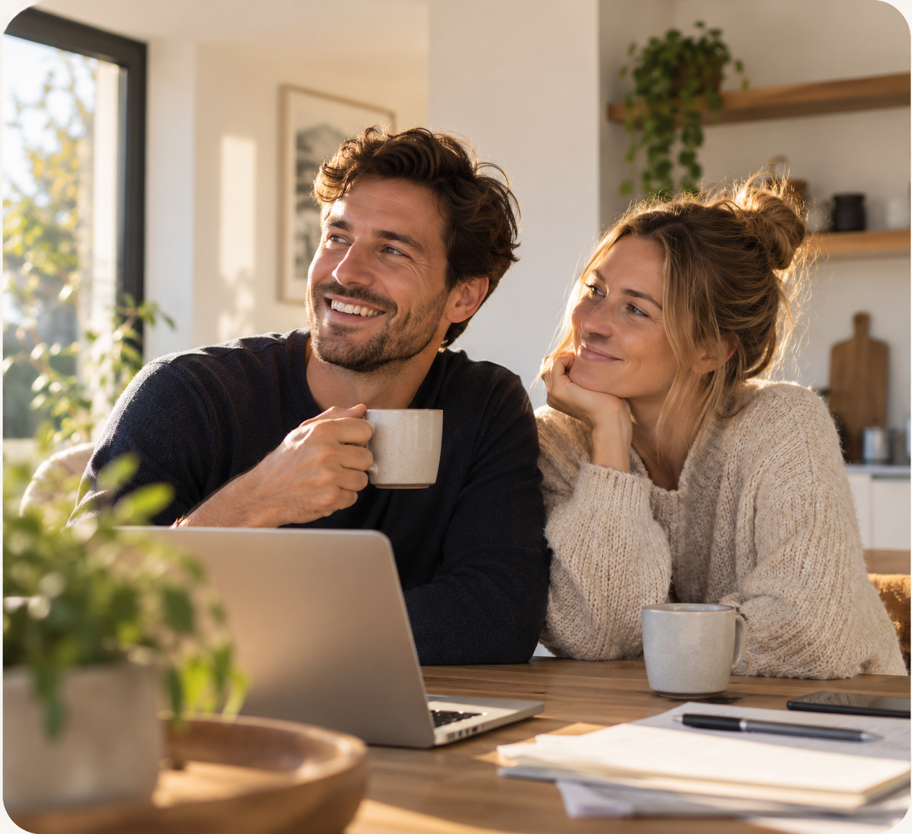 Stel zit ontspannen met koffie aan de keukentafel